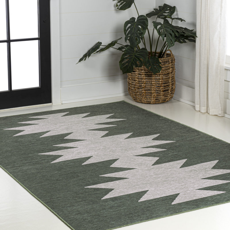 Tapis vert foncé / gris clair lavable à la machine à motif géométrique Katriel Minimalist, Rectangle 8 pi 10 po x 12 pi