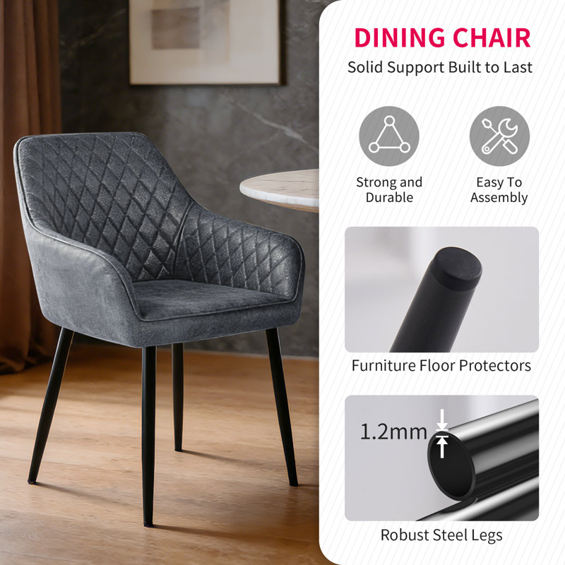 Suede Upholstered Dining Armchair with Diamond Grid, Grey