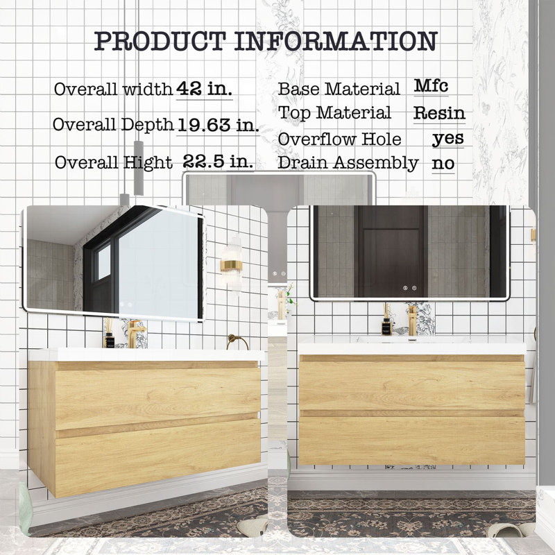 Meuble-lavabo simple 42 po avec plateau en résine Tahel, Chêne naturel