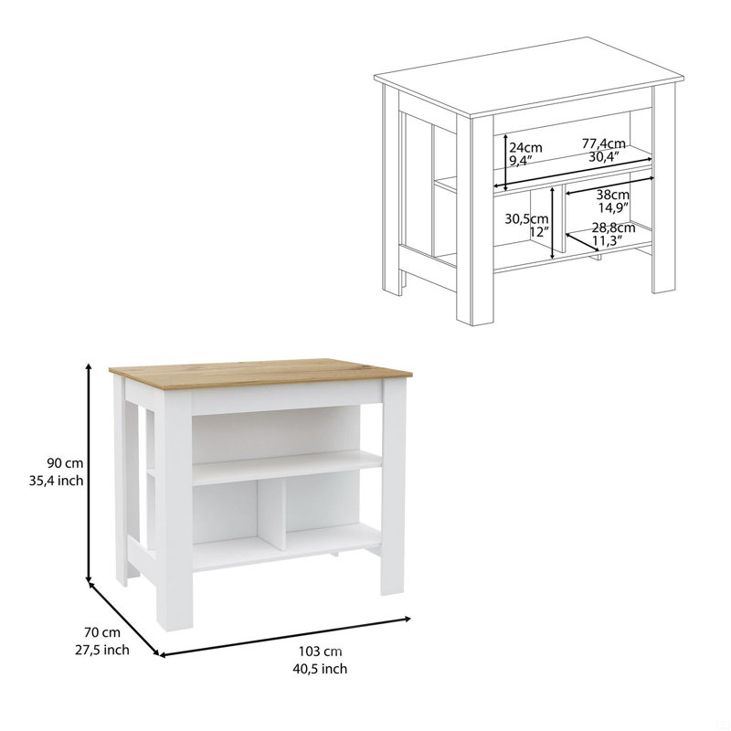 Îlot de cuisine, table de cuisine H 35 po, quatre pieds, trois tablettes de rangement ouvertes