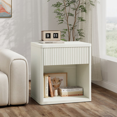 Modern Fluted Nightstand – Mid-Century Bedside Table With Drawer & Open Storage, Large Wide End Table For Bedroom Or Living Room