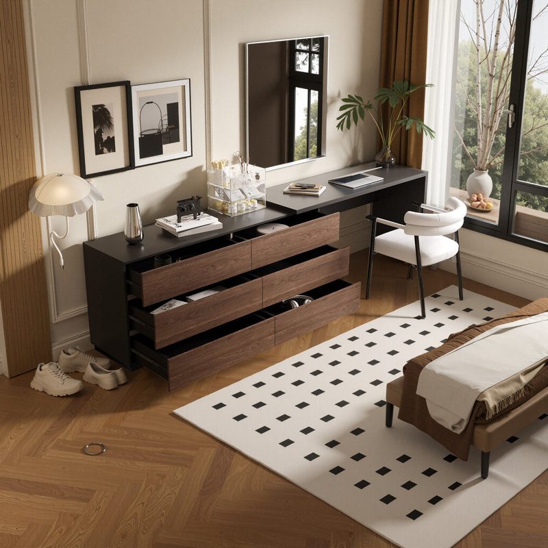 97.6-Inch Extendable Vanity Dressing Table Adjustable L-Shaped Home Office Vanity Desk With 6 Drawers, Black/Walnut