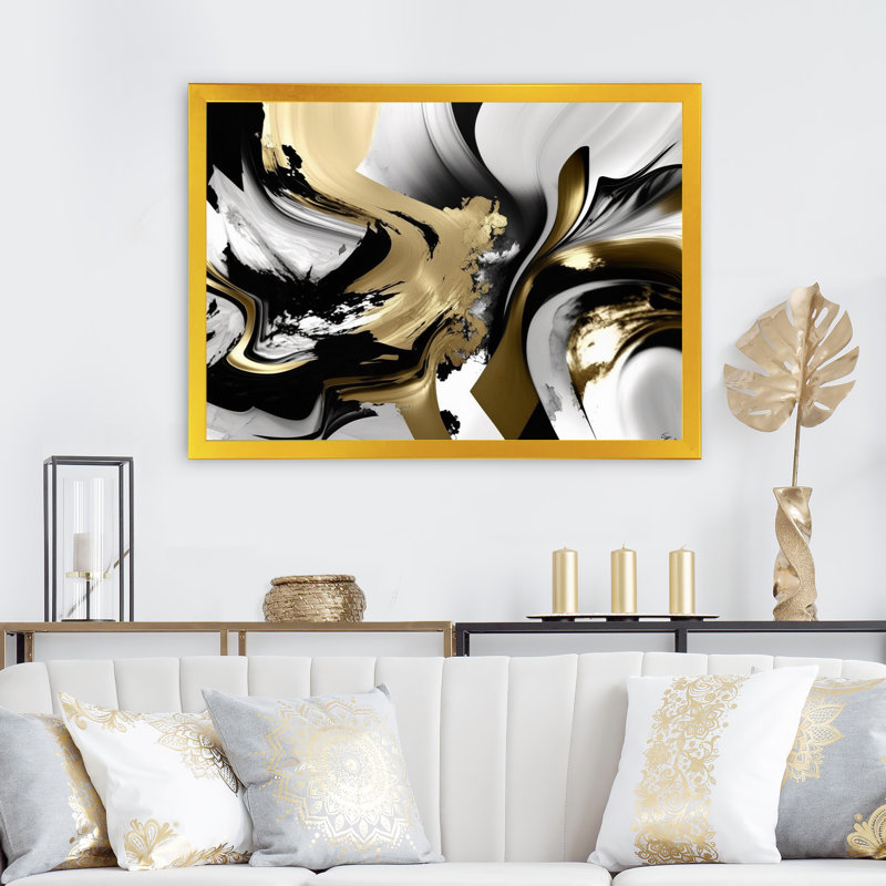 Golden Wave Reflections II - Art mural encadré abstrait, Cadre doré simple, H 16 po x l 32 po x P 1 po