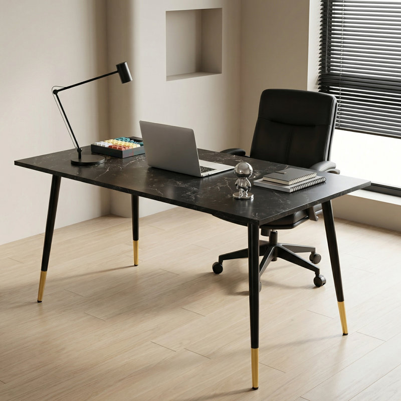 51.18" Black Marble-Style Office Desk, Black Marble