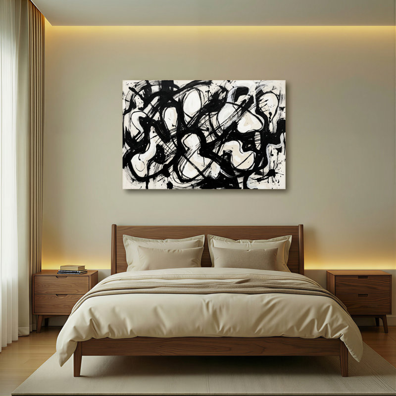 Ensemble de 1 tableau abstrait noir et blanc à coups de pinceau sur toile tendue, H 20 po x l 30 po