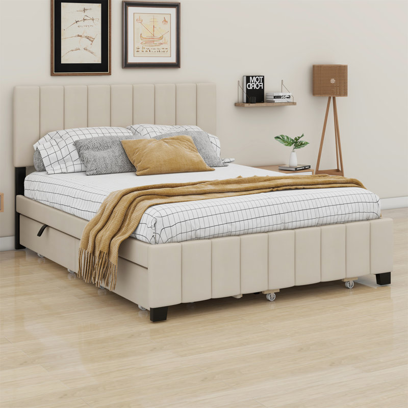 Lit plateforme tapissier avec tiroirs et lit gigogne, Beige