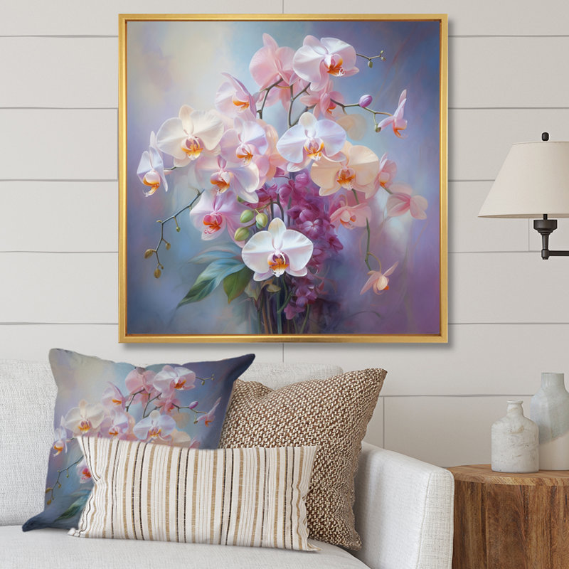Impression romantique «Peach Orchids» - Impression, H 16 po x l 16 po x P 1 po, Cadre flottant doré