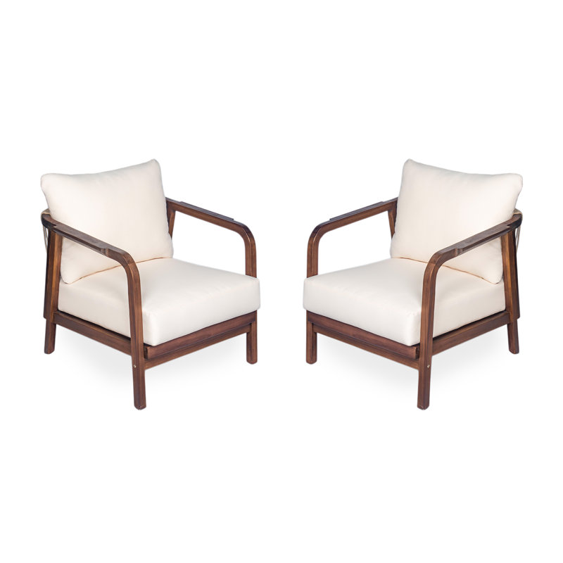28" Outdoor Lounge Chair With Woven Backrest, Solid Wood Frame, Comfortable Cushions, And Curved Armrests For Patio Set Of 2