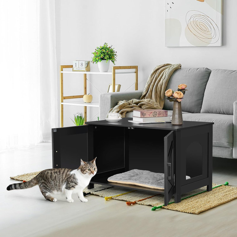 Black Wooden Double Room Cat Litter Box Enclosure