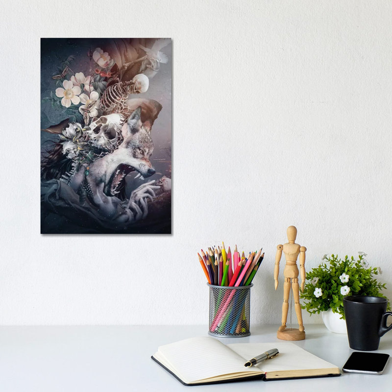 Wolf In Moonlight by Riza Peker - Wrapped Canvas Print, 20.32 cm H x 30.48 cm W