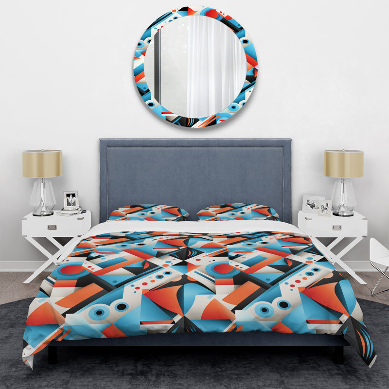 Ensemble de housse de couette à motif géométrique rose et bleu Popart, Housse de couette pour très grand lit et 2 très