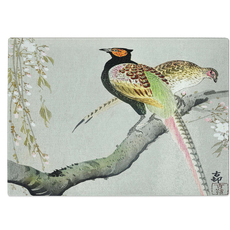 Tempered Glass Pheasants and Cherry Blossom by Ohara Koson Chopping Board, 39 cm W x 28.5 cm L