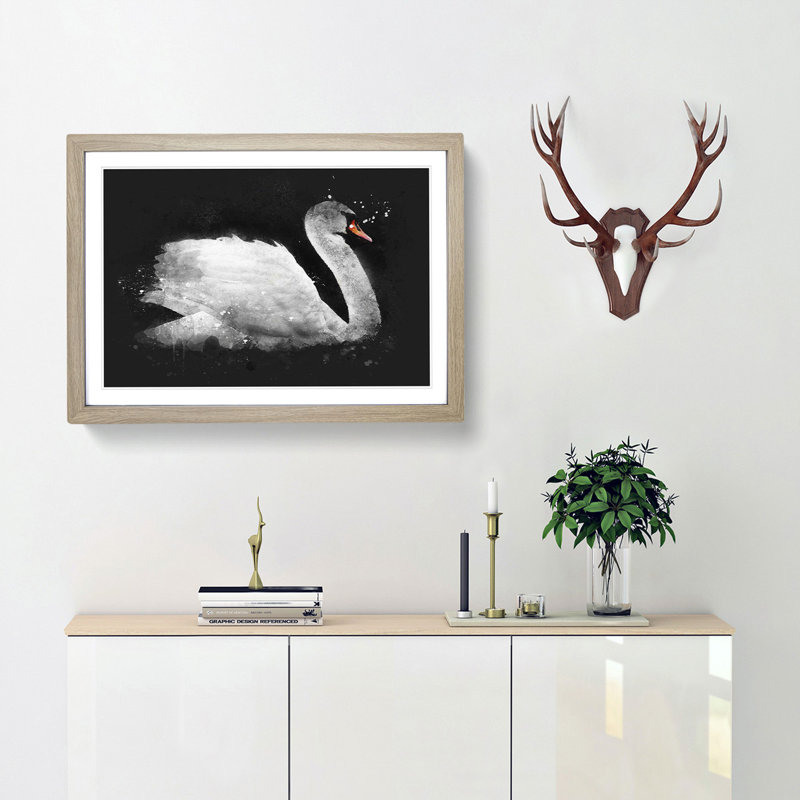 White Swan Swimming - Picture Frame Graphic Art Print, Oak Framed, 62cm H x 87cm W x 2cm D