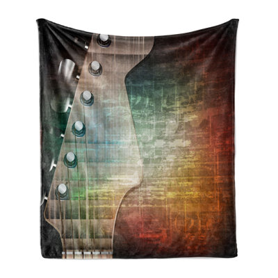 Ambesonne Guitar Fleece Throw Blanket Grunge Retro Tuning Pegs Black Orange