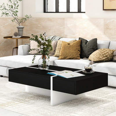 Table basse de centre de table moderne avec finition hydrofuge et base noire Table de salon rectangulaire contemporaine, longueur 45,3 po, surface de tiroir