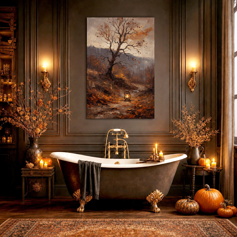 Arbre nu et lanterne dans un paysage d'automne brumeux - Toile murale d'Halloween, 48"H x 32"W