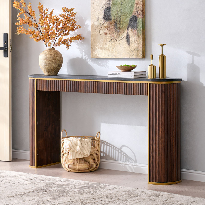 63" Modern Fluted Console Table, Narrow Entryway & Sofa Table With Marble-Pattern Top For Living Room Hallway Foyer, Black