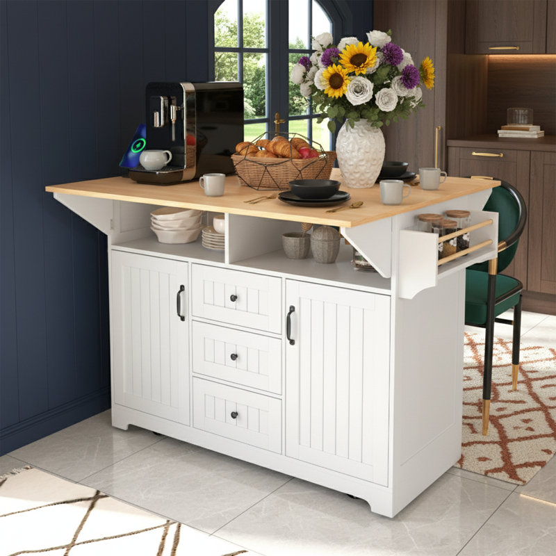  55 inch Rolling Kitchen Island with Double Drop Leaf, Large Mobile Kitchen Cart with Power Outlet and USB Ports, Folding Dining Table with 3 Drawers, White