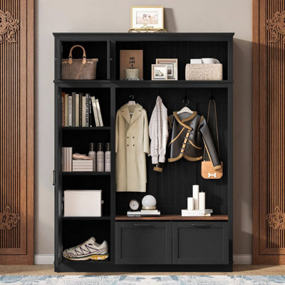 Arbre d'entrée 3 en 1 avec armoire de rangement et tablettes réglables | Portemanteau d'entrée avec 4 crochets robustes, 2 tiroirs et banc de contraste | Conception du panneau arrière rainuré | Organisateur multifonctionnel pour le vestibule, le couloir ou le salon