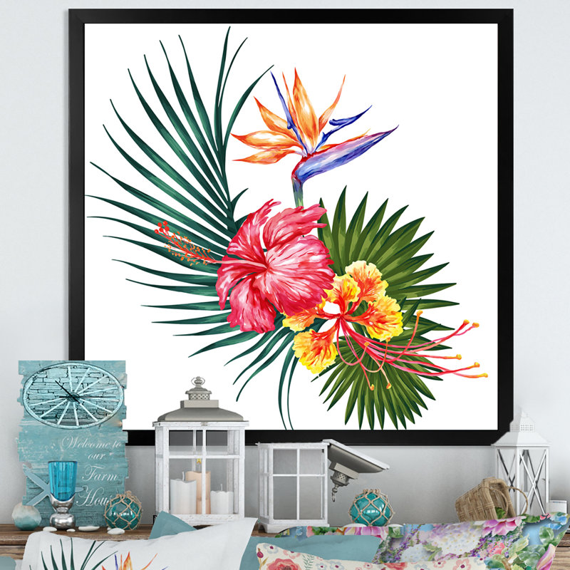 Fleurs exotiques colorées II - sur, Toile avec cadre noir, H 16 po x l 16 po x P 1 po