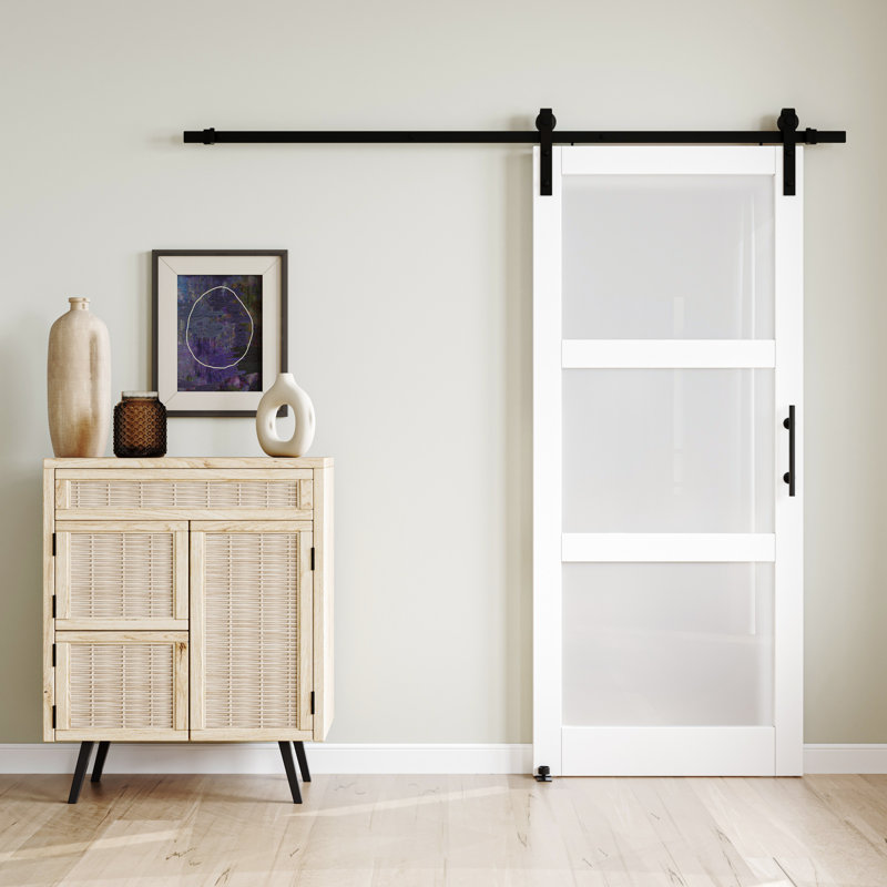 Porte de grange coulissante en verre et en bois manufacturé (fermeture en douceur incluse) avec trousse de quincaillerie