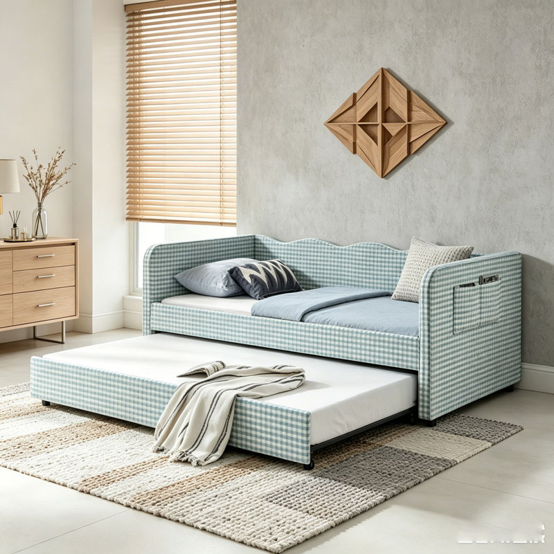 Upholstered 3‑in‑1 Versatile Convertible Daybed with Pull‑Out Trundle & Side Storage Pockets, Cyan, Full