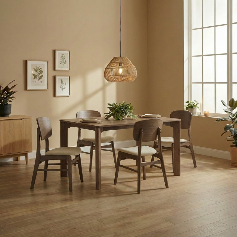 5-Piece Wood Upholstered Dining Set, Brown