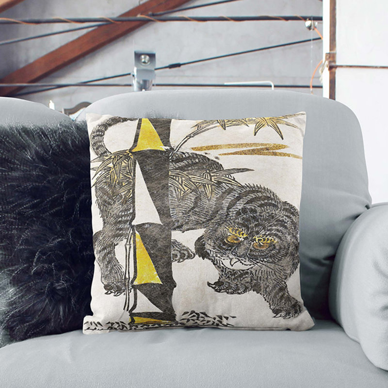Tiger & Bamboo by Okumura Masanobu Cushion with Filling, Black, 55cm H x 55cm W x 20cm D