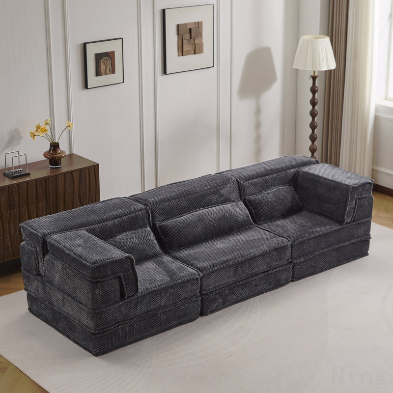 Compression Mahjong Sofa,Convertible Floor Sofa Bed,Diy Boneless Modular Sectional Sofa,No Assembly Required,Circle Fleece Fabric,Oversized 3 Seater With 3 Pillows,Dark-Grey