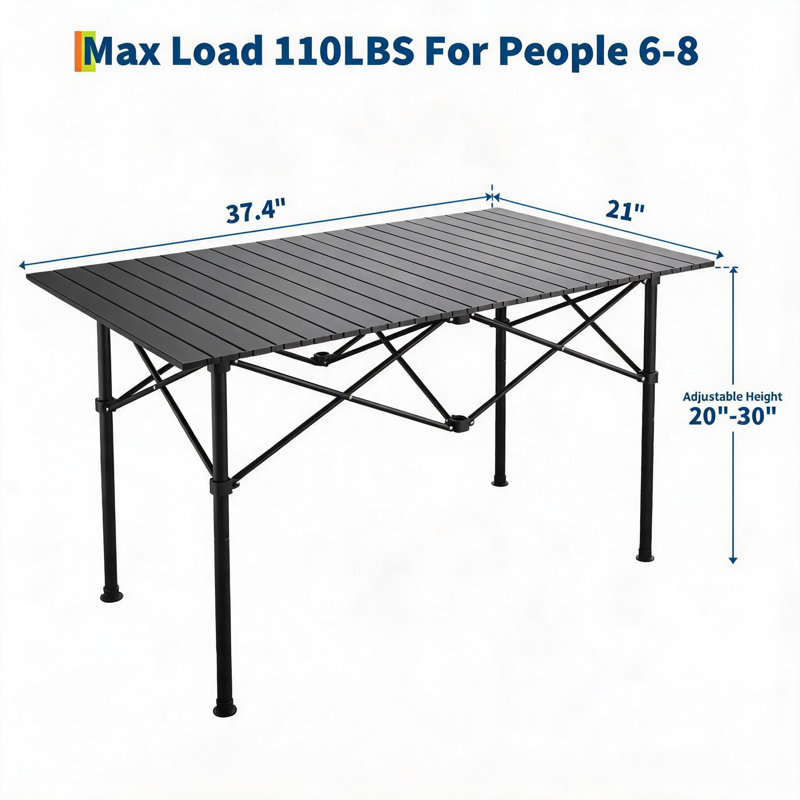 Adjustable Height Roll-Top Camping Table, Lightweight Portable Aluminum Egg Roll Table Carry Bag, Black, Noir
