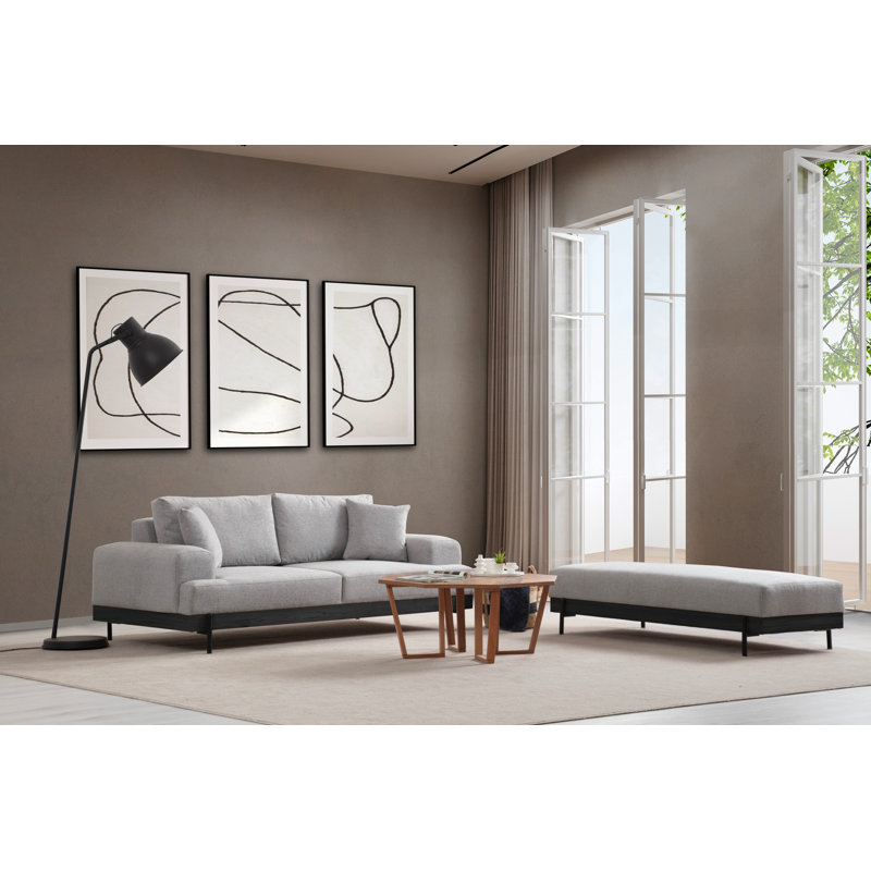 Pouf élégant avec structure en bois de hêtre et pieds en métal, tissu en polyester gris, 62 po x 27 po x 15 po | Mousse douce et coussin à ressorts pour le confort | Coussin de dossier portable, nettoyage à sec | Parfait pour le salon et la chambre à coucher