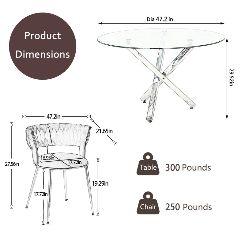 Ensemble de salle à manger Ruppe, Argent, Beige/Argenté, H 29,5 po x L 47,24 po x l 47,24 po