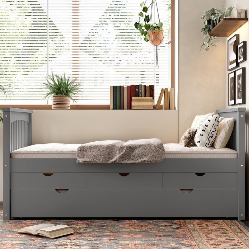 Solid Wood Daybed, With Drawers And Trundle, Gray