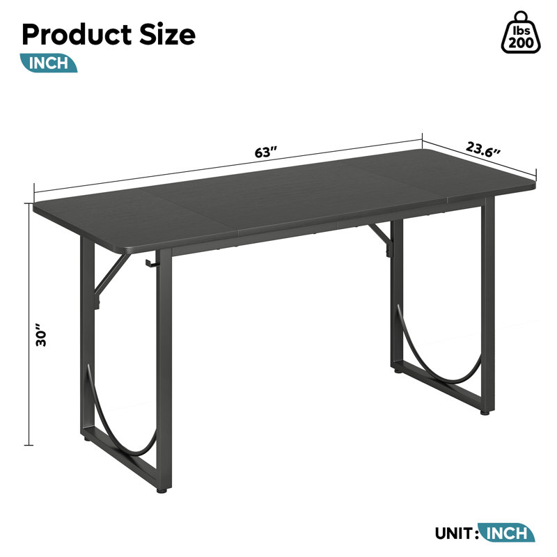 63" Executive Desk Lager Writing Desk With Metal Frame Home Office Desk, Black