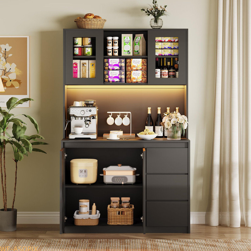 71" Tall Kitchen Pantry Cabinet with Adjustable Shelves, Microwave Space & Charging Station, Black