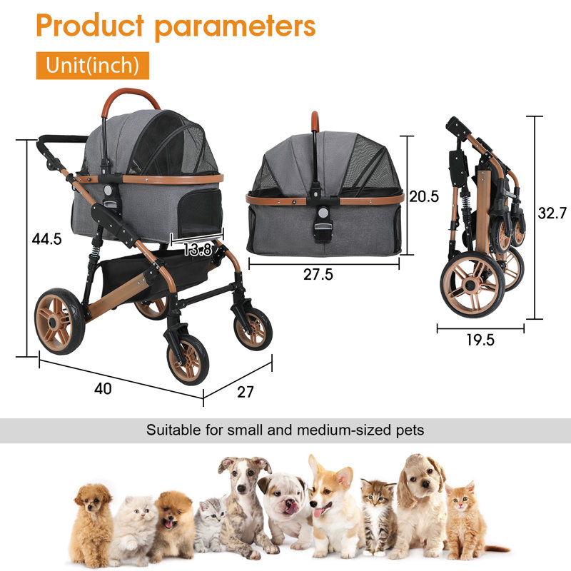 Gray Aluminum Frame 4-Wheel Dog Stroller with Detachable Carrier
