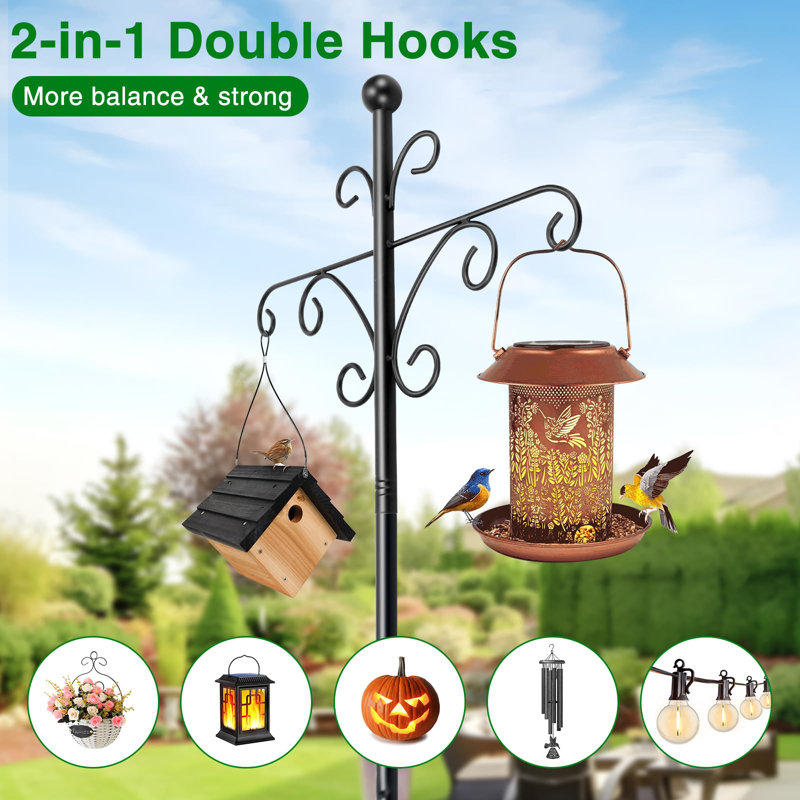 2 Pack 108 Inch Adjustable Tall Shepherds Hooks For Outdoor With 5 Prongs Base, Double Shepherd Hooks For Bird Feeder Stand