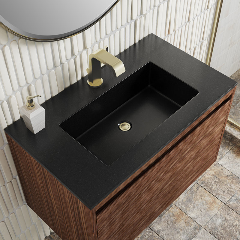 Mantova 31.5'' W Single Vanity, Charcoal Black, Mid Century Walnut/Champagne Brass