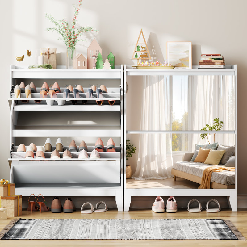 Mirrored Shoe Storage Cabinet With 2 Flip Drawers, White