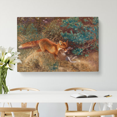 Fox With Brown Hare by Bruno Liljefors - Wrapped Canvas