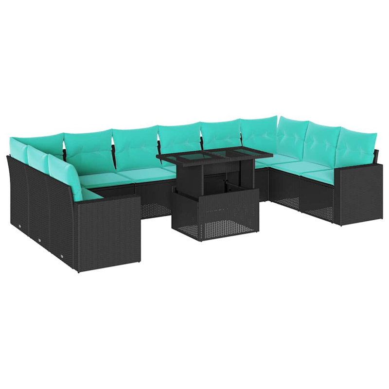 Ensemble de canapé de patio 11 pièces avec coussins en rotin de polyester, Bleu clair, Noir