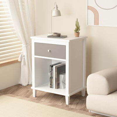 Table de chevet en bois, 26,77 po de hauteur, blanc + gris, un tiroir, une tablette, une structure, des poignées en aluminium, une installation simple, un rangement pour les articles de chambre à coucher pour adultes, les chambres à coucher