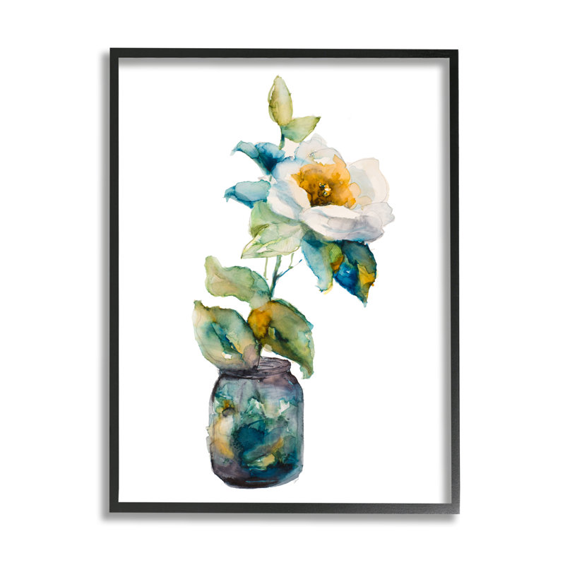 Arrangement floral blanc abstrait, H 11 po x l 11 po x P 1,5 po, Giclée encadrée noir minuit