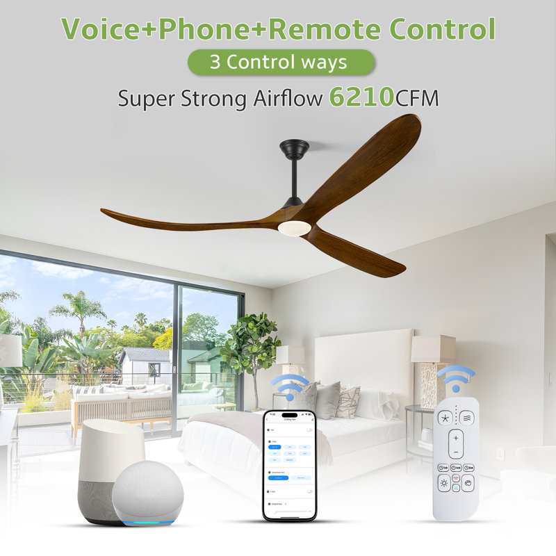 Smart Ceiling Fan With Light And Remote, Remote & App Control, Solid Wood Blades, Reversible Dc Motor, 70" Wide, Walnut