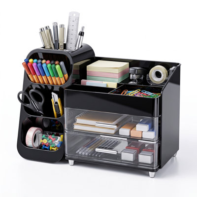 Desk Organizer with Pen Pencil Holder for Desk, Desktop Storage Organizer with 2 Drawers and 4 Compartments, Plastic Stationery Organizer for Office,