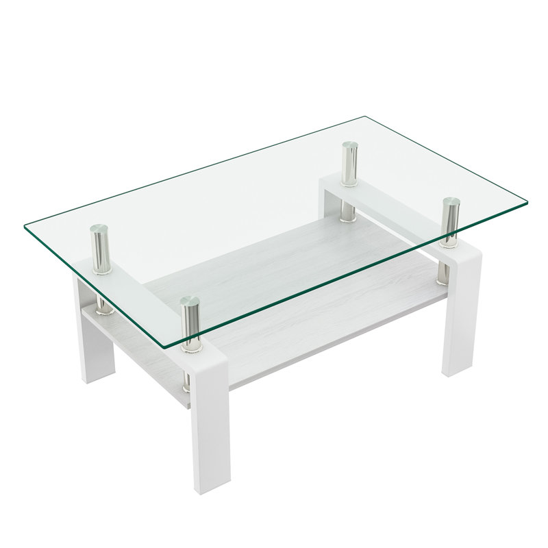 Rectangle Coffee Table With Tempered Glass Tabletop, Clear, White