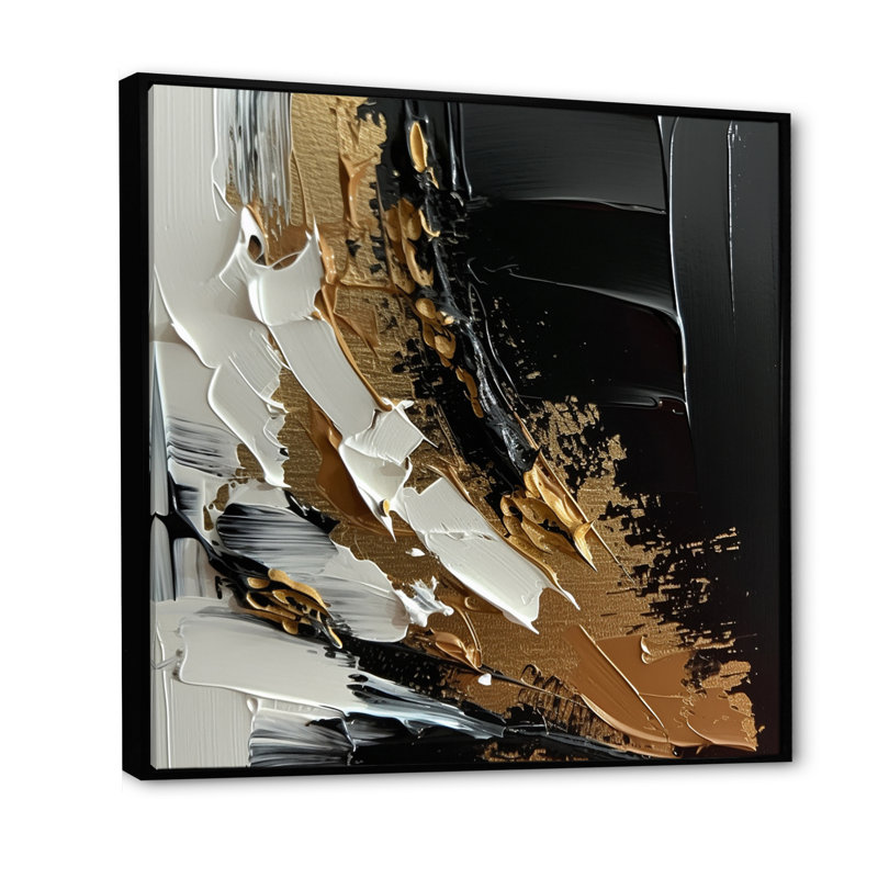 Imminent Bliss Bold texturé or et noir - art abstrait peinture murale, Cadre flottant noir, H 16 po x l 16 po x P 1 po