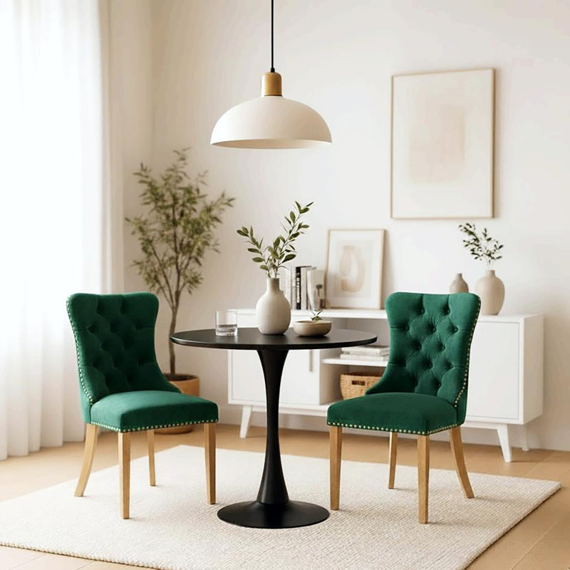 Dining Table Set,  24" Round Dining Table And 2 Velvet Dining Chairs With Gold-plated Legs, Green, Black
