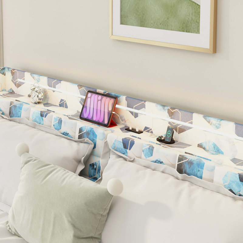 Floating Bed Frame With LED Light And Charging Station Upholstered Platform Bed Frame With Headboard And Hidden Storage Space, No Box Spring Needed