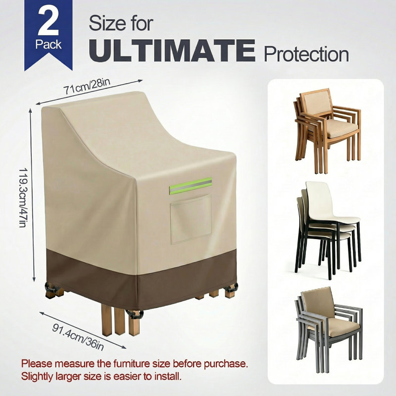 600D Heavy Duty All-Weather High Back Patio Chair Cover, Waterproof Outdoor Cover for 4-6 Stackable Chairs, khaki+Deep Small